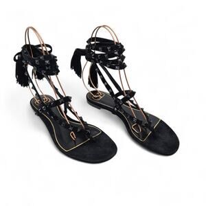 Valentino Garavani Rockstud Gladiator Flat Sandal Black Suede Size 37.5 US 7.5